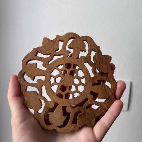 Vintage wooden coaster set 6 pieces with carved design and holder