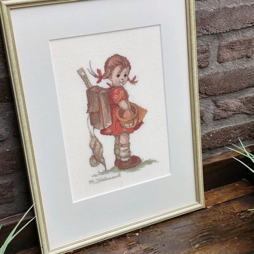 Vintage embroidery with M.J. Hummel design like new