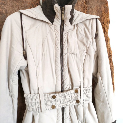 Lussile long women's coat like new with belt and hood beige