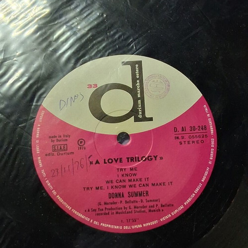Donna Summer A Love Trilogy LP vinyl like new, vintage Italian