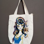 Canvas tote bag with zipper, shoulder bag, white with glitter illustration