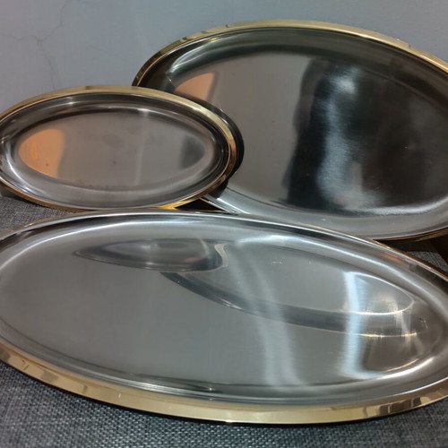Serving trays set stainless steel with gold trim, new
