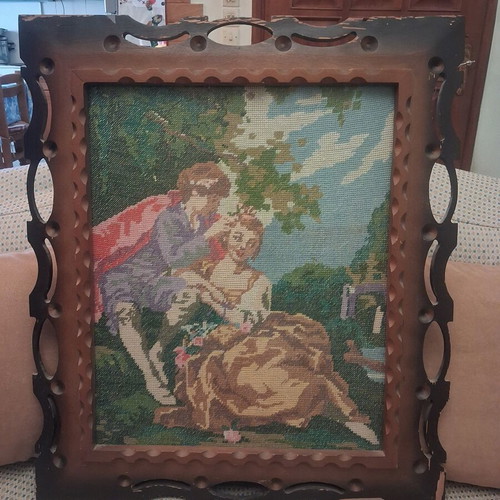 Vintage Handmade Gobelin Textile Painting with Large Carved Wooden Frame used