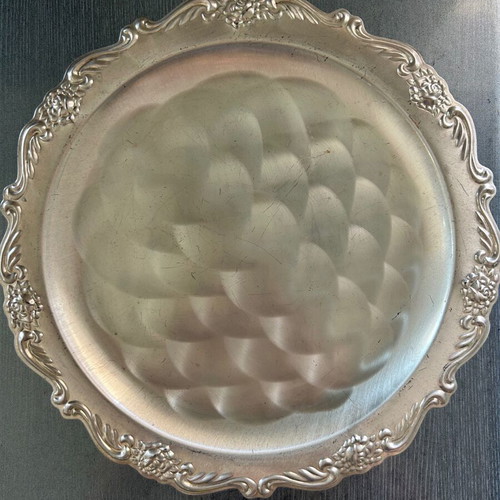 Vintage serving tray used, silver color with carved baroque design