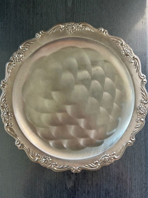 Vintage serving tray used, silver color with carved baroque design