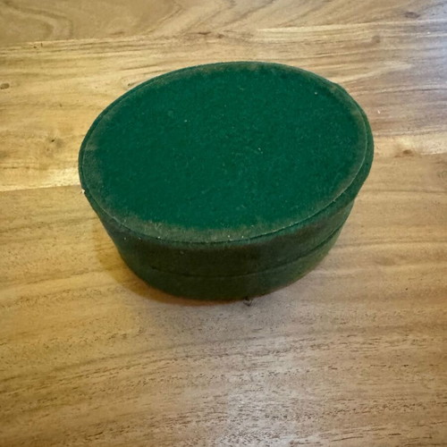 Vintage box used with embossed lid and felt-like texture