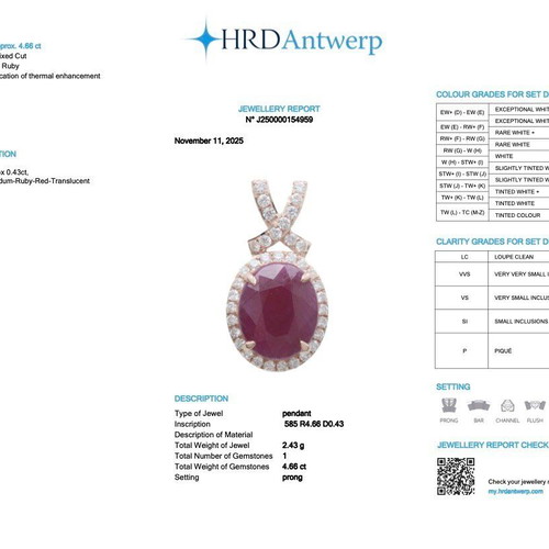 Pendant 14K Rose Gold with 4.66ct Natural Ruby and 0.43ct Diamond new