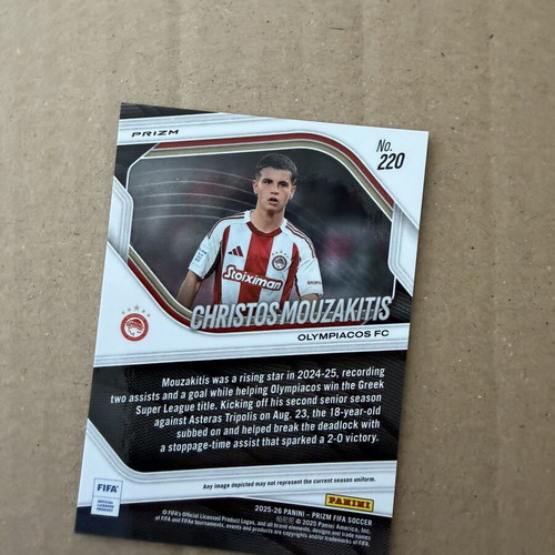 2025-26 Panini FIFA Prizm Rookie Christos Mouzakitis Yellow Green Olympiacos card like new