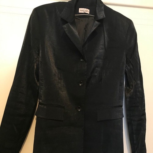 Madlen suit set used, jacket and pants, black shiny fabric