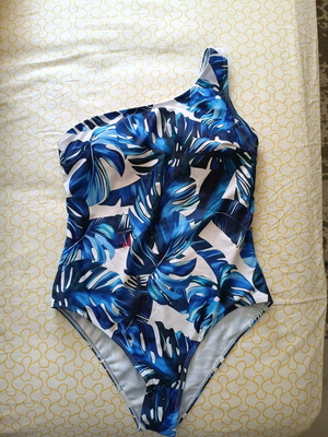 Women's one-piece swimsuit like new, size L, blue-white tropical print