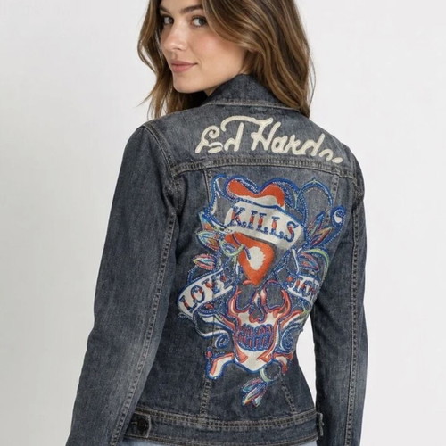 Hardy denim jacket Christian Audigier 'Love Kills Slowly' rhinestone design