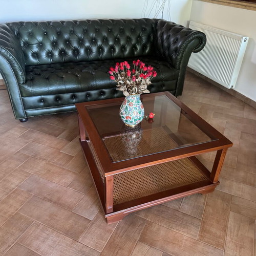 Classic coffee table rectangular 80x80x44cm like new, walnut or beech with glass