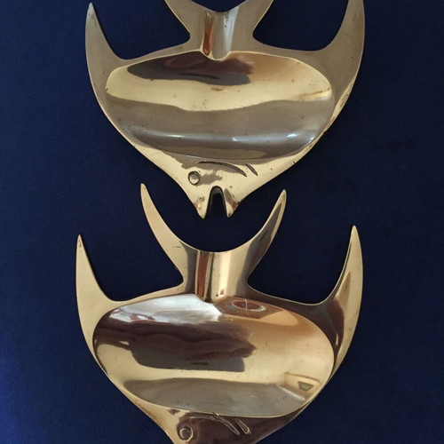 Brass decorative ashtrays used, vintage fish-shaped set