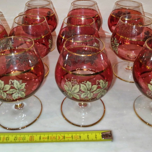 Cognac glasses used, pack of 11, red with gold and green design