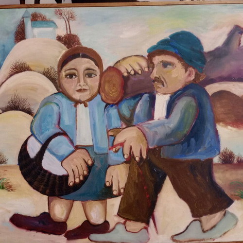 Watercolor on canvas with frame like new, folk art theme 83x63