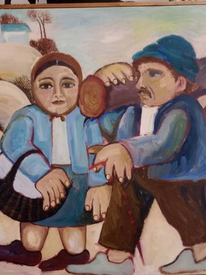 Watercolor on canvas with frame like new, folk art theme 83x63