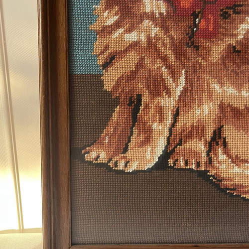 Vintage Handmade Needlepoint Embroidery Framed Cat with Bow used