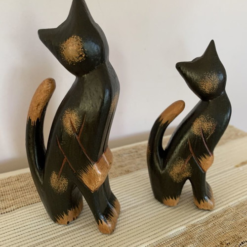 Set of two handmade wooden cat figurines new