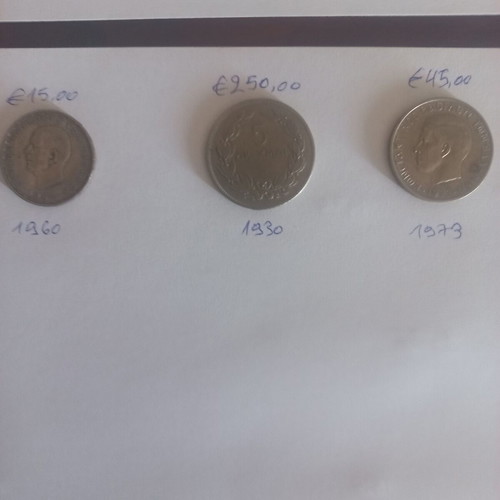 Greek collectible coins used, 20 drachmai 1960, 5 drachmai 1930 and 1967