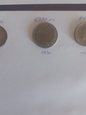 Greek collectible coins used, 20 drachmai 1960, 5 drachmai 1930 and 1967