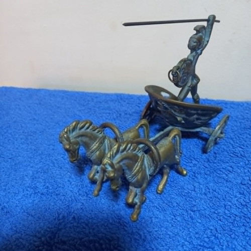 Bronze miniature sculpture of a Greco-Roman warrior in chariot used