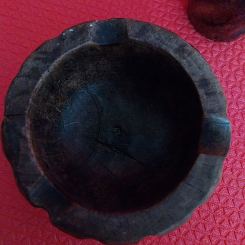 Rustic wooden decorations used, set ashtray and vase