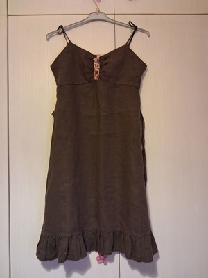 Linen dress new, brown with decorative beads and ruffle hem