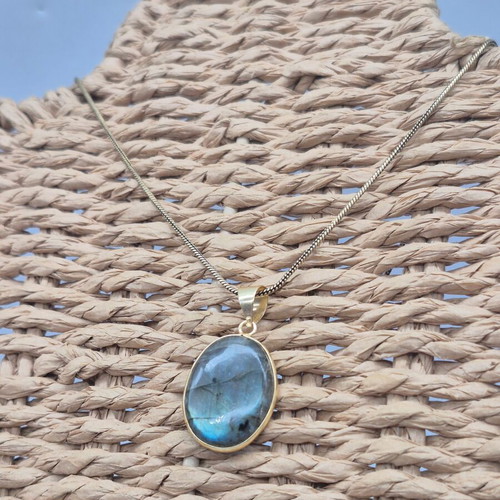 Labradorite Cabochon Brass Necklace with Oval Pendant