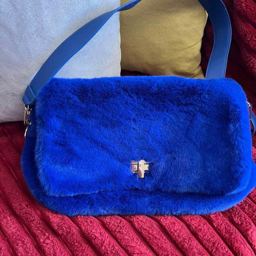 Alex Max blue faux fur shoulder bag new with gold chain