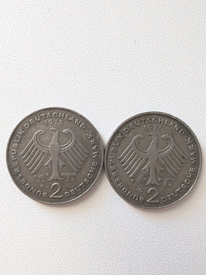 2 Deutsche Mark coins used, 1973 and 1975