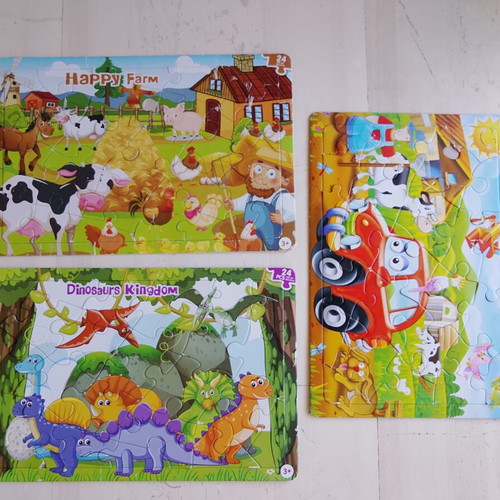 Children's puzzles 24 pieces set like new, farm dinosaurs fire truck