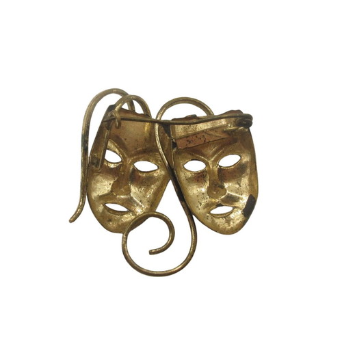Vintage brass brooch with comedy and tragedy masks, 1950–1960