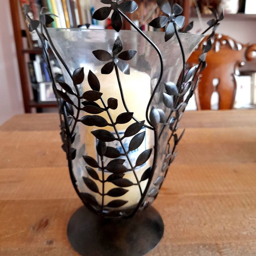Trimar glass and metal candlestick new with candle