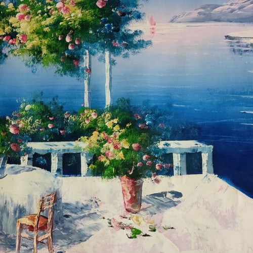 Oil painting on canvas used, veranda with view 95x65 cm