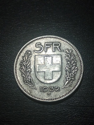 Ελβετικό ασημένιο νόμισμα 5 φράγκα 1932 σαν καινούργιο, 835 ασήμι, 15 γραμμάρια