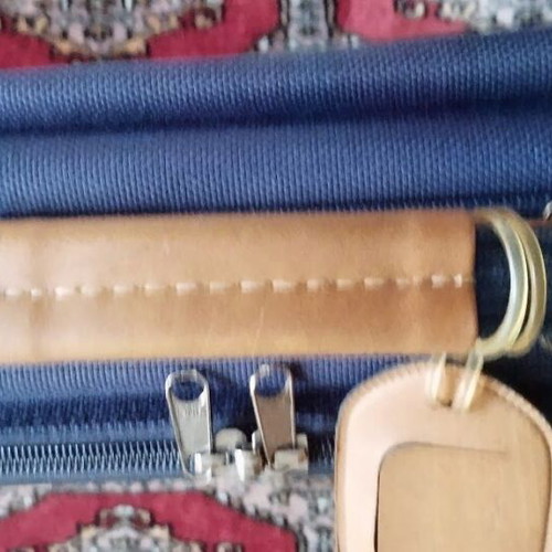 Large suitcase used, blue, 56x77 cm with leather details