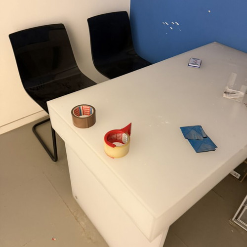 Plexiglass desk with 2 chairs used, white translucent acrylic