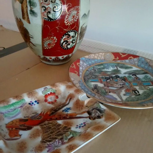 Satsuma 3 decorative items like new, vase, plate, ashtray