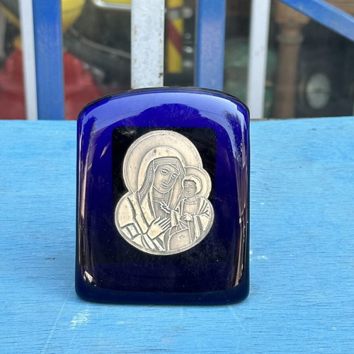 Vintage blue glass paperweight with silver Panagia icon used