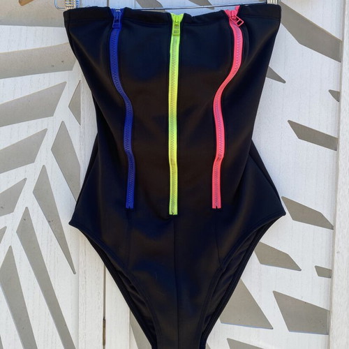 SugarFree one-piece swimsuit like new, black with colorful zippers, strapless