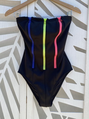 SugarFree one-piece swimsuit like new, black with colorful zippers, strapless