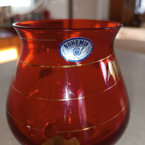 Bohemia Crystal Ruby Red Vase with 24K Gold, new