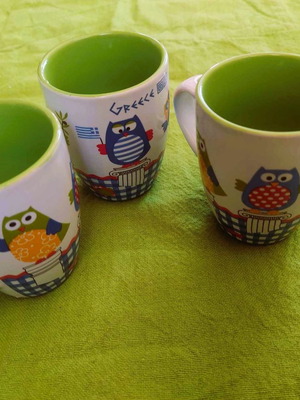 Aegean Art Souvenirs Σετ 3 Μεταχειρισμένες Κεραμικές Κούπες με Κουκουβάγιες