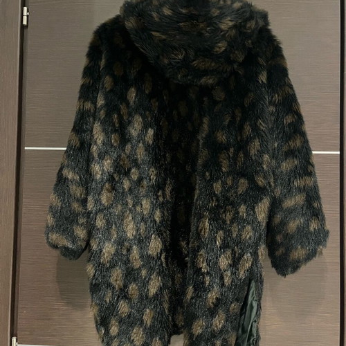 Eco fur coat with hood used, brown, oversized S-M