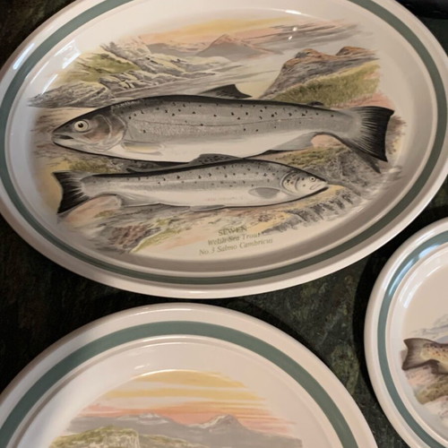 Set of 12 hand-painted porcelain dinner, salad plates and platter