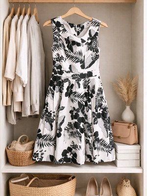 Raxevsky midi dress like new with black and white tropical floral pattern