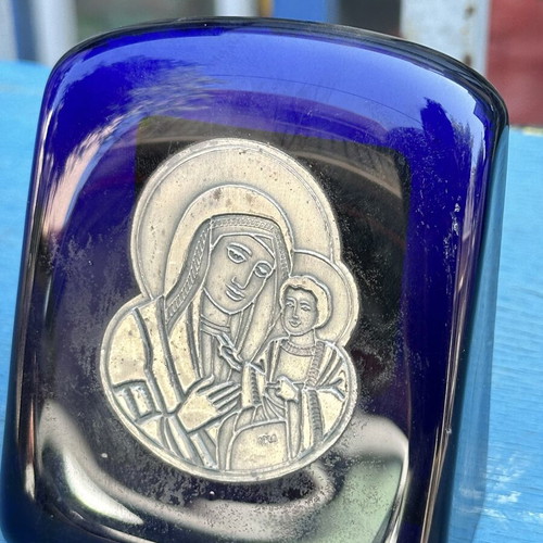 Vintage blue glass paperweight with silver Panagia icon used