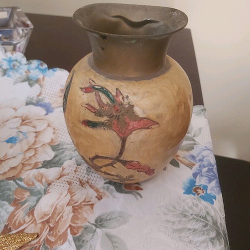 Hand-painted brass vase used, slightly damaged at the rim
