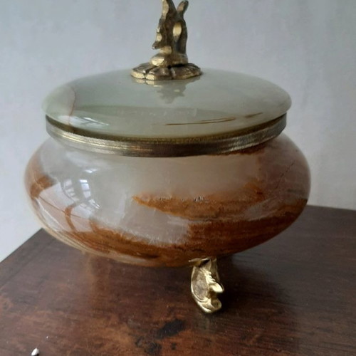 Decorative item used, green onyx with gold legs and handle