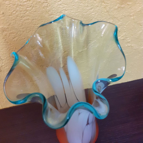 Glass vase used, vintage artistic blown glass with white and orange colors